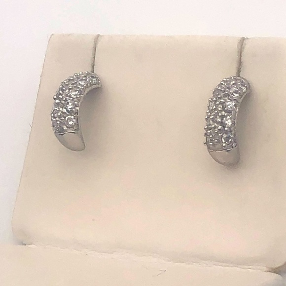 VTG Sterling Silver Curved Half Hoop Cz Stone Stud Earrings / .5” - Picture 3 of 7